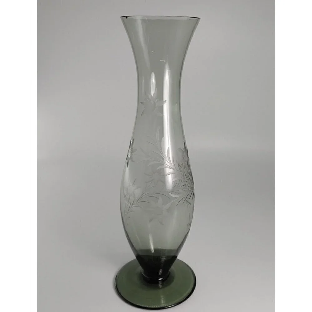Vintage Floral Cut Glass Footed Clear Decorative Flared Bud Vase